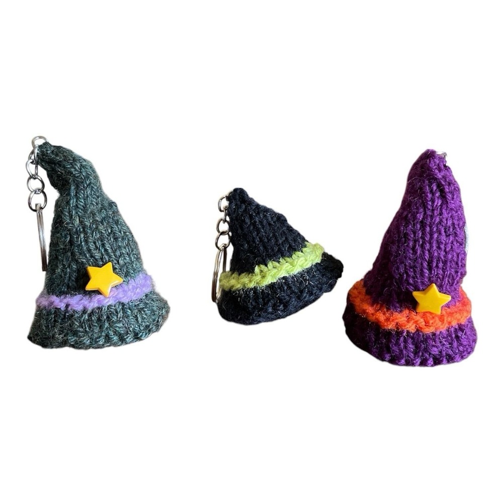 Handmade Witch Hat Key Chain Knitted Halloween Keyring Charm Lot of 3 Charms‎